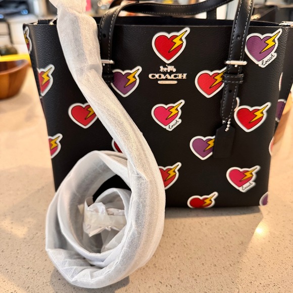 Coach Tote Bag Black Hearts Lightning Bolts Charm Leather Top Handle - Picture 7 of 13